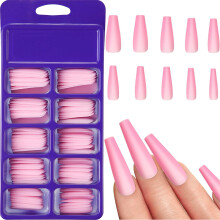 100 stuks matte extra lange plaknagels, doodskistvorm, effen roze, volledige dekking, nepnagels met doos – geschikt voor alle nagelmaten