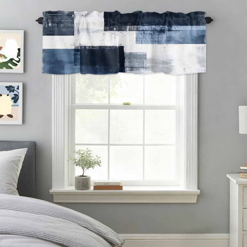 Cortina de varão em blocos de cores azul-marinho e branco, 42x18 polegadas