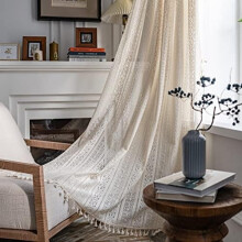 Boho Crochet Lace Curtain, Semi-Sheer Floral Hollow Knit with Tassels, Rod Pocket, Vintage Rustic Farmhouse Style, 59"x84", Beige