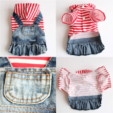 Haustier-Hundekleid mit Fruchtstickerei, gestreifter karierter Welpen-Denim-Hoodie-Jacke