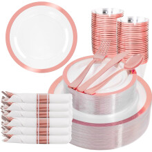Set van 350 roségouden plastic borden voor 50 gasten – 100 borden, 150 bestekstukken, 50 servetten – Geschikt voor bruiloften en feesten