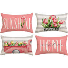 Tulpen-Kissenbezüge, 30 x 50 cm, 4er-Set, rosa geblümte Leinen-Kissenbezüge für Sofa, Couch, Terrasse – Frühlings-/Sommer-Dekoration