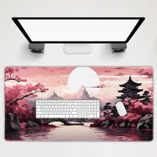 Roze Sakura Gaming Muismat 47,2 x 23,6 inch, Kersenbloesem Toren Landschap, 3XL Bureaumat, Antislip onderkant, Gestikte rand