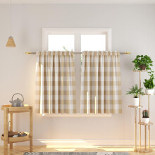 Buffalo Check Kitchen Tier Curtains, 36" Long, Rod Pocket, Beige & White, 2 Panels, Compatible with Standard Rods