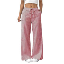 lulshou Pantaloni de in pentru femei, primăvară și toamnă, pantaloni cu dungi din amestec de in și bumbac, talie cu șnur, pantaloni drepți,