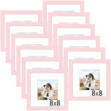 8x8 Picture Frame Set of 12, Display 5x5 with Mat or 8 x 8 without Mat, Photo Frames for Wall Mounting or Table Top Display, Pink