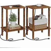 End Table with Charging Station, Set of 2, Small Side/Nightstand with Outlets & 2-Tier Shelf, Brown TB01BB041C