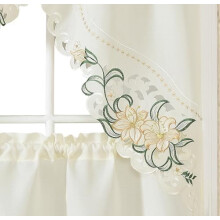 GOHD Lily Fragrance. 3pcs Multi-Color Embroidery Kitchen Cafe Curtain Set Swag and Tiers Set with cutworks. (Beige)