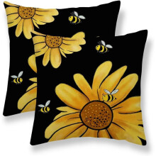 Zomerse zonnebloem kussenhoezen 18x18 cm, set van 2, zwarte achtergrond met gele zonnebloem en bij, landelijke linnen stijl, voor
