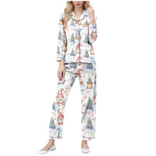 Damepyjamassæt med juleprint og knapper foran, blødt og strækbart nattøj, S-2XL, kompatibel med festlige loungewear