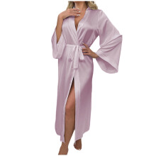 Women's satin robe long sleeve pink S-L