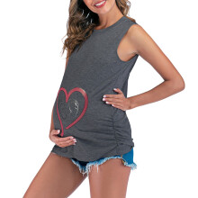 Woman Maternity Top Round Neck Sleeveless Vest Heat Baby Feet Print Solid Color Dark Gray