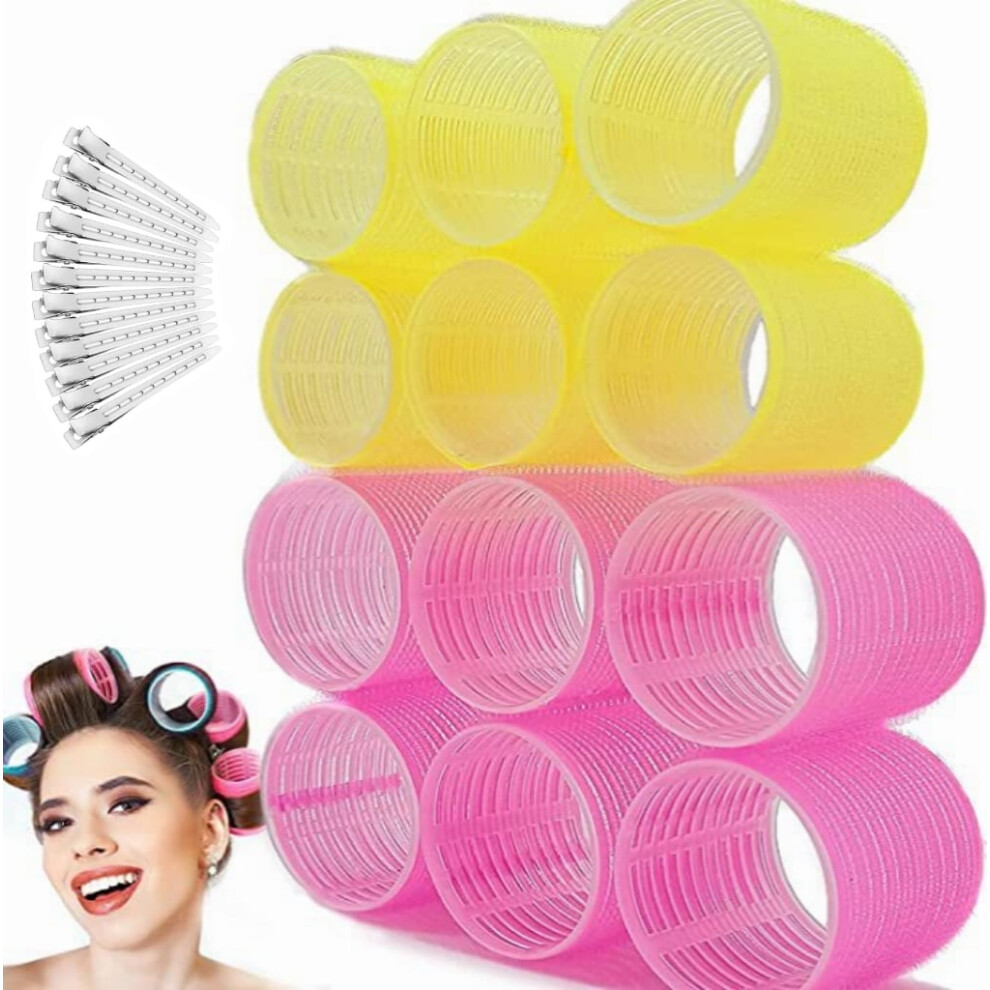 Jumbo Hair Rollers Set (12 pcs) + 12 Duckbill Clips, Self-Grip Curlers for Long/Short Hair, DIY Curly Styles â Colors Vary