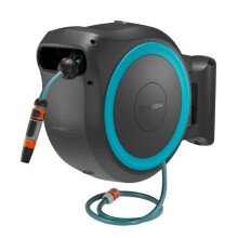 Gardena battery-powered wall-mounted hose box PowerRoll XXL ready-to-use-set: Reel with 40m garden hose, automatic roll-up