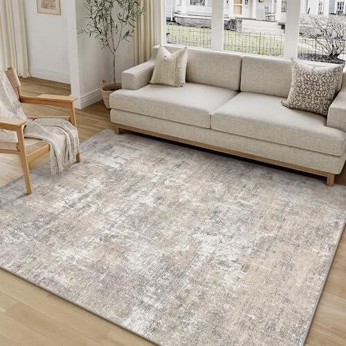 5x7 Area Rug Beige Gray Modern Abstract Low-Pile