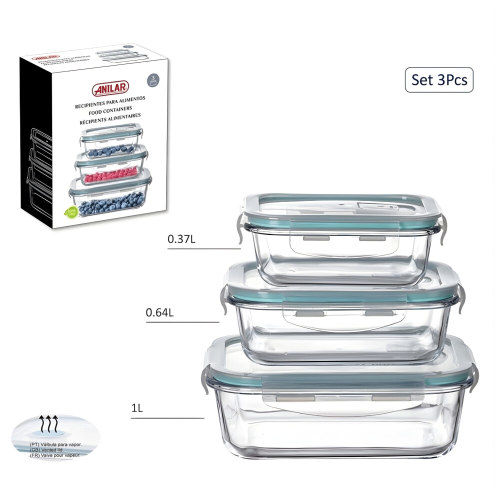 Food Storage Container Set of 3 Glass with Airtight Vented Lid Microwave Safe - Image 2