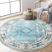 Teal Round Rug 4ft,Circle Washable Area Rugs for Bedroom Living Room Bathroom,Boho Small Non Slip Circular Carpet,Floral