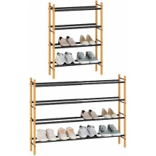 Uitbreidbaar schoenenrek voor 12 paar schoenen, stapelbare, verstelbare metalen organizer voor kast/hal/garage, bamboe, 3 lagen – geschikt voor