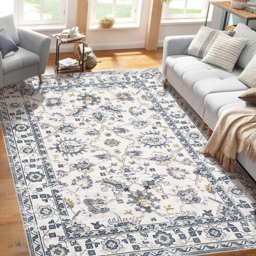 Washable Area Rug Vintage White 5x7 ft