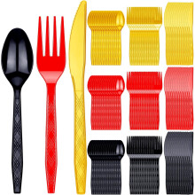 180 Pcs Heavy Duty Disposable Plastic Silverware (60 Forks, 60 Knives, 60 Spoons) – Red, Black, Gold for Graduation, Wedding & Party