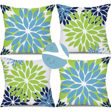 Green & Blue Floral Pillow Covers 18x18", Set of 4, Waterproof Linen Cushion Cases for Living Room, Patio, Garden – Compatible with Standard Inserts