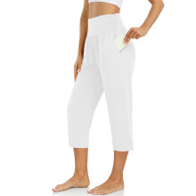 Calça feminina de verão para relaxar, com bolsos, cintura elástica franzida, estilo capri, em tecido tipo seda leitosa, poliéster escovado com
