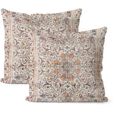 Capas de Almofada Boho 45x45cm, Conjunto de 2, Estampa Floral Bege Vintage, Capas de Almofada Boêmias em Linho para Casa e Área Externa