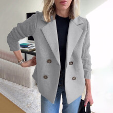 Saldi! Blazer da donna grigio corto doppiopetto in maglia – Business casual, maniche a patchwork, adatto all'ufficio