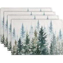 Watercolor Dark Green Pine Tree Table Mats Set of 4, Rustic Farmhouse Washable Linen Placemats, Winter Holiday & Christmas Decor
