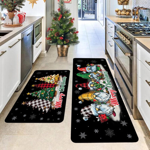 Christmas Kitchen Rug Set of 2 Black Polyester Rectangle