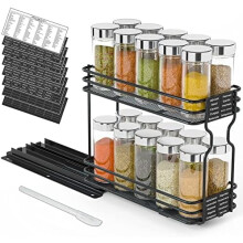 Organisateur à épices coulissant robuste pour placard, 11,4 x 27,3 x 21,6 cm, 2 niveaux avec étiquettes – Compatible avec les placards standard