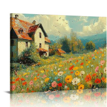 Felnőtt Számok Festőkészlet: Virágmező házzal, 40x30 cm-es vászonkép otthoni faldekorációhoz