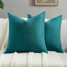 Set van 2 sierkussenhoezen van turquoise chenille, 56 x 56 cm, zachte, brede kussenhoes met chevronpatroon, landelijke woondecoratie voor bank, bed