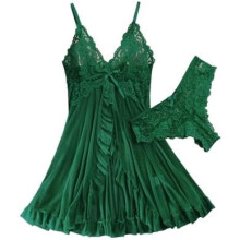 Sexy babydolljurk met open voorkant, ruches, doorschijnend mesh en kant, inclusief string (2-delig)