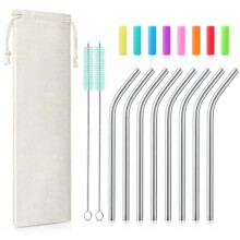 8er-Packung gebogene Edelstahl-Trinkhalme (15 cm) mit Silikonspitzen