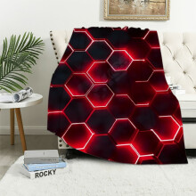 Hexagon Flannel Blanket for Kids & Adults – Red Neon Honeycomb Pattern, Football Texture, Modern Geometry Bedroom/Sofa Decor