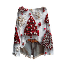 Pull en maille pour femme, manches longues, col rond, imprimé de Noël, haut d'hiver chaud et décontracté – Parfait pour les fêtes et l'automne