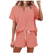 Modieuze casual damestops met korte mouwen en knoopjes, effen, nachtkleding, shorts, tweedelige pyjamasets voor dames met een maatje meer, tot 65%