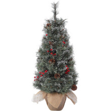 3ft Flocked Mini Christmas Tree with Vintage Pot, 78 LED Lights, Red Berries & Snowflakes – Indoor Home Decor