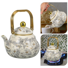 Tetera vintage de esmalte con asa de porcelana, 2,1 cuartos de galón.