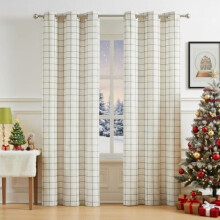 95" Buffalo Plaid Semi-Sheer Curtains, Black/White on Beige Linen, Rustic Light-Filtering, 40"x95", Compatible with Standard Rods