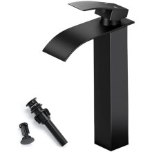 Black Tall Waterfall Bathroom Faucet, Single Handle 1-Hole Vessel Sink Mixer Tap with Pop-up Drain & Hoses, compatible with standard sinks