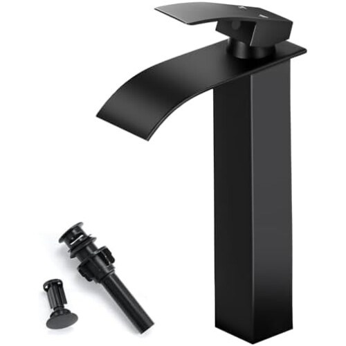 Black Tall Waterfall Bathroom Faucet Single Handle 1-Hole