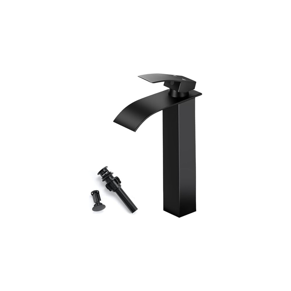 Black Tall Waterfall Bathroom Faucet, Single Handle 1-Hole Vessel Sink Mixer Tap With Pop-Up Drain & Hoses, Compatible With Standard Sinks 9159805717680