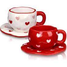 2-Pack Valentine's Day Ceramic Coffee Mug & Saucer Set, 12oz Heart Design – Compatible with Gift, Wedding, Anniversary, Birthday