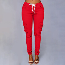 UTTOASFAY Fashion Women Plus Size Pants Drawstring Casual Solid Elastic Waist Pocket Loose Pants Red 4(S)