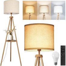 63" Wood Tripod Floor Lamp with Shelves, 3-Color Temp, Dimmable, Remote, LED Bulbs Included