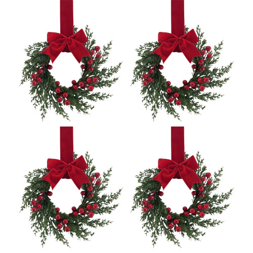 4er-Pack Mini-Weihnachtskränze (25 cm) mit roter Samtschleife