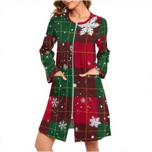Dame natkjole med juleprint og juletema, hyggelig pyjamaskjole i børstet fleece med lange ærmer, lynlås og lommer (S-2XL)
