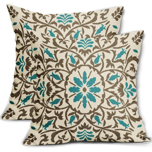 Boho Linen Pillow Covers 16x16 in Teal & Brown